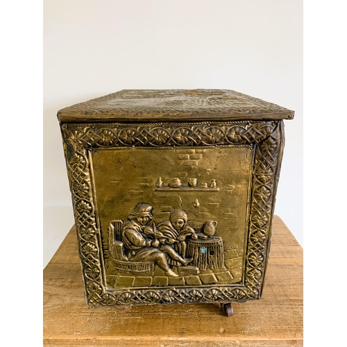 275 - A wooden carcass and brass covered vintage coal box with liner, 19 1/2