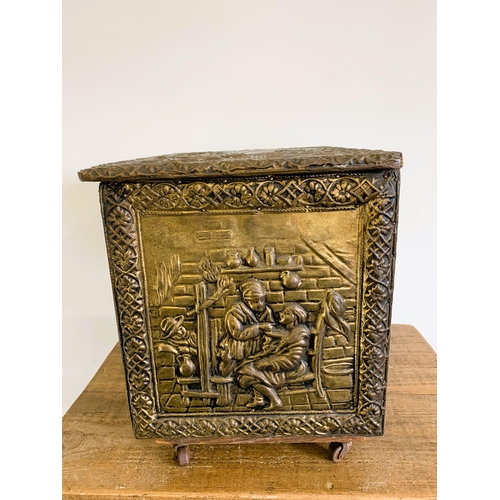 275 - A wooden carcass and brass covered vintage coal box with liner, 19 1/2