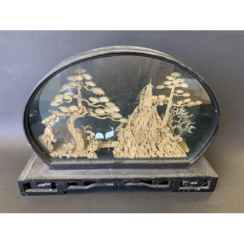 313 - A vintage Japanese carved cork diorama with storks, 12 1/2