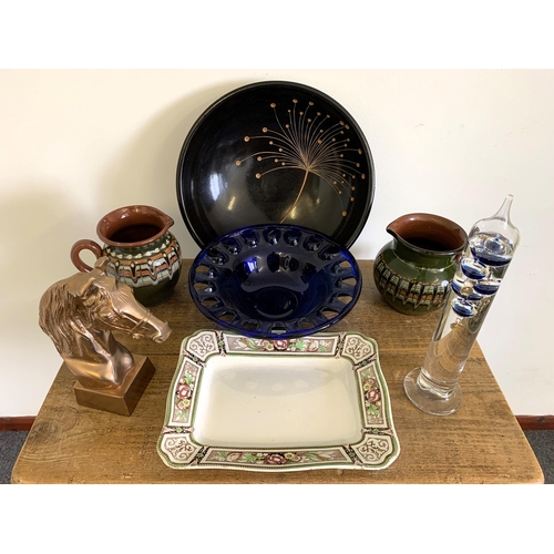 48 - A mixed lot of large bowls, two green pattern jugs, a ornamental horses head plus a five globe Galil... 