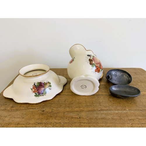 69 - A small Imperial Stafford factory jug and bowl plus a two colour metal duck trinket pot