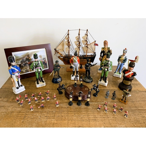 79 - Mixed ceramic military figures, HMS Victory and small lead soldiers etc