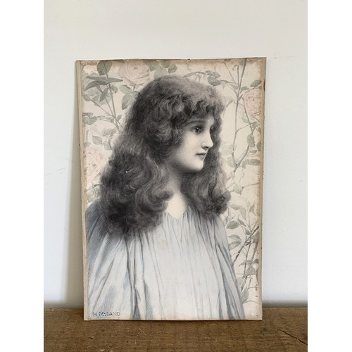 230 - After Henry Ryland (1856-1924), portrait of a girl, watercolour background on paper attached to card... 