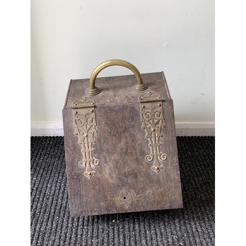 A Vintage Painted Metal Coal Box With Brass Fittings (lacking Handle 