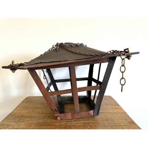 370 - A large vintage copper lantern with suspension chains, 20 1/2