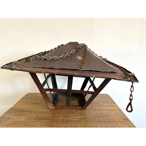 370 - A large vintage copper lantern with suspension chains, 20 1/2