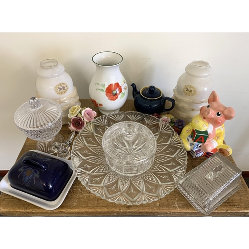 24 - Mixed ceramics and glassware including Royal Worcester vase, flower posies, lamp shades etc