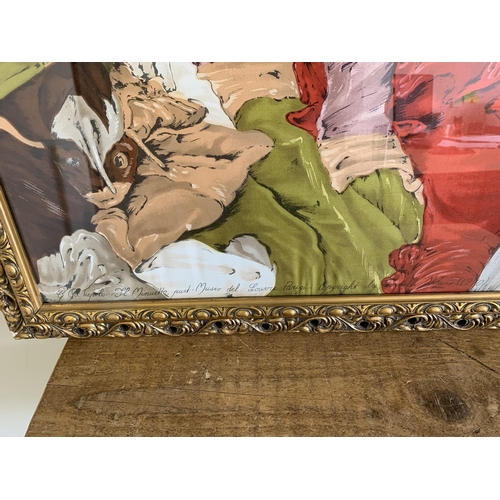 26 - A large framed printed picture on silk marked to bottom 'G B Tiepolo Il Minuetto Part Museo Del Louv... 