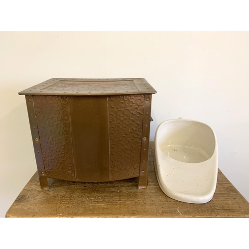 27 - A vintage copper coal bin plus a vintage pottery bed pan