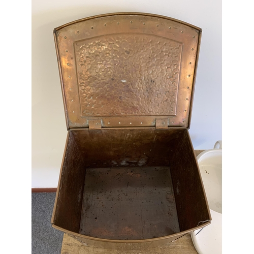 27 - A vintage copper coal bin plus a vintage pottery bed pan