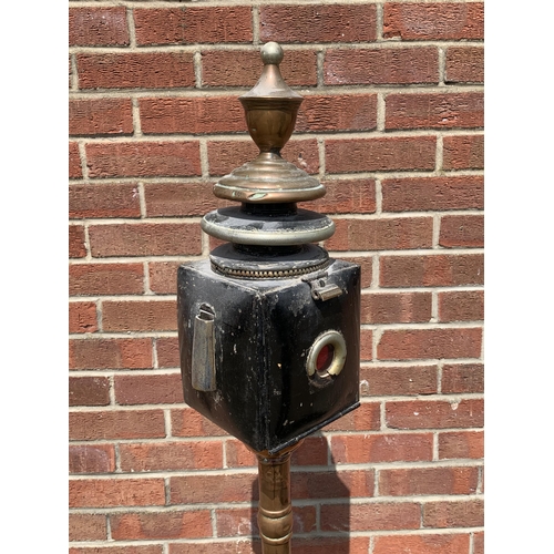 358 - An unusual vintage copper based standard lamp with carriage lamp style top, adjustable column and fo... 