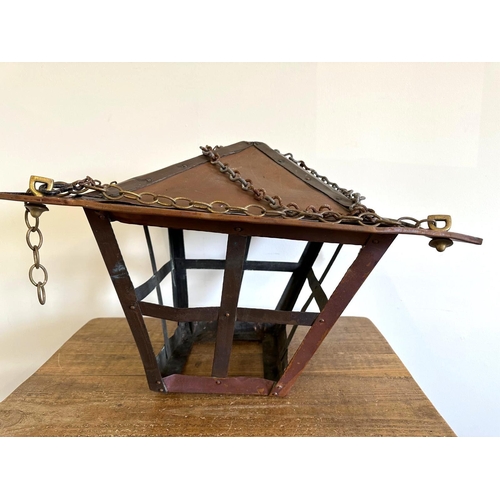 370 - A large vintage copper lantern with suspension chains, 20 1/2