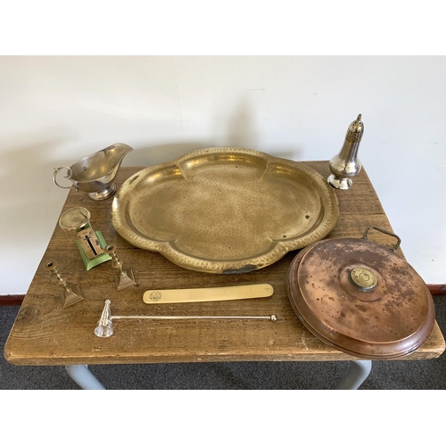 61 - A brass tray marked 'Wesam' to the back plus a copper bed warmer, mini Salter scales etc