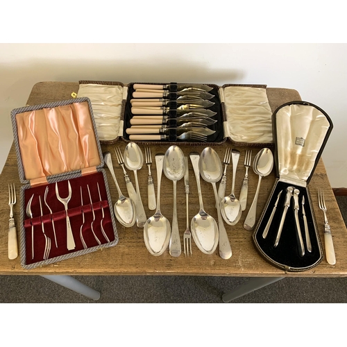 99 - A selection of cased and loose silver plated cutlery including nut crackers and pick, fish eaters et... 