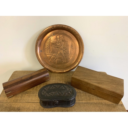 10 - A vintage Johnnie Walker copper advertising tray plus three wooden boxes