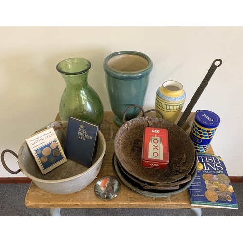 11 - A selection of vintage metal pans plus a green glass vase and two ceramic vases