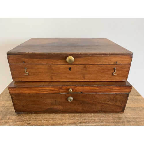 17 - A late 19th/early 20th Century mahogany veneered deed box with brass carry handles, Bramah lock (no ... 