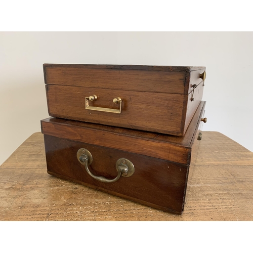 17 - A late 19th/early 20th Century mahogany veneered deed box with brass carry handles, Bramah lock (no ... 