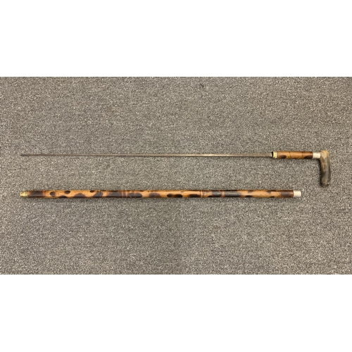 253 - A late 19th Century/early 20th Century wooden swordstick with bone handle, middle collar marked '925... 