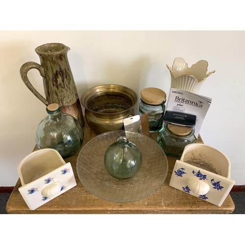 264 - A mixed group of items including glass bottles, a large ceramic jug, vase etc