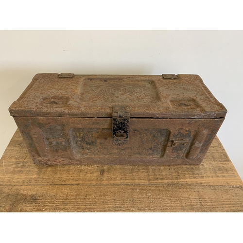 50 - A 1943 dated ammunition tin with vintage horseshoe contents and a smaller ammo tin