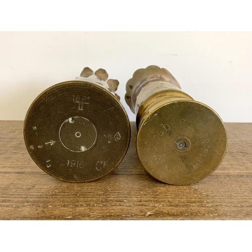 54 - Two WW1 era 18 pounder trench art shell cases, one dated 1916