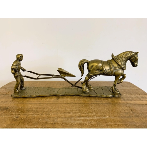 6 - A large and heavy vintage solid brass shire horse with plough, approx. 20