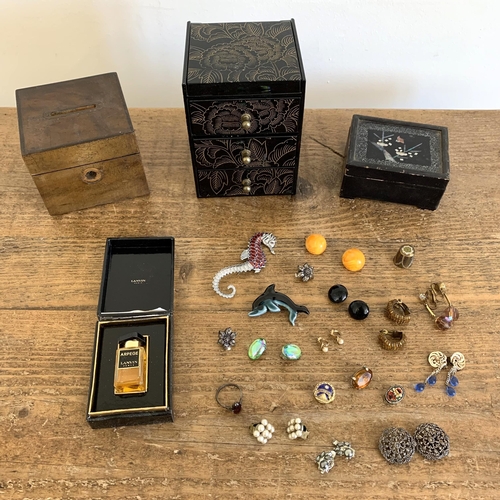 116 - A small jewellery box and contents, costume jewellery, vintage wood money box etc