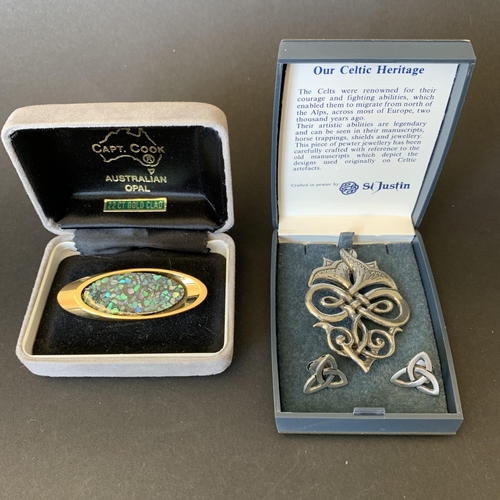 121 - A boxed 22ct gold clad triplet Australian opal brooch plus a boxed pewter Celtic design brooch and e... 