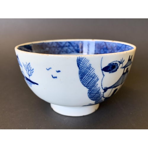 141 - Lowestoft porcelain blue and white slop bowl with Pagoda and tree decoration (hairline crack from ri... 