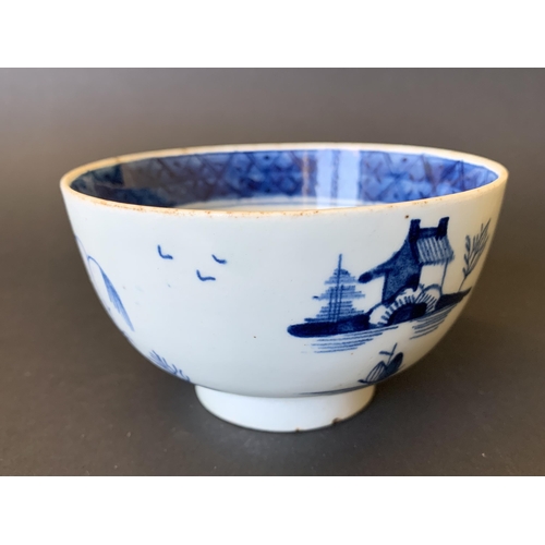 141 - Lowestoft porcelain blue and white slop bowl with Pagoda and tree decoration (hairline crack from ri... 