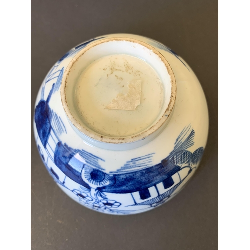 141 - Lowestoft porcelain blue and white slop bowl with Pagoda and tree decoration (hairline crack from ri... 