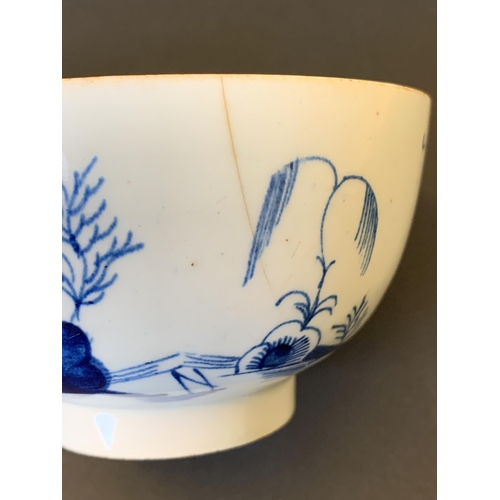 141 - Lowestoft porcelain blue and white slop bowl with Pagoda and tree decoration (hairline crack from ri... 