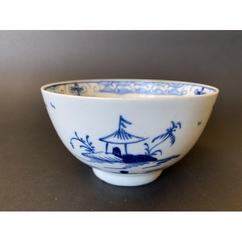 142 - Lowestoft porcelain blue and white slop bowl decorated with Pagoda and fence (minor restoration to r... 