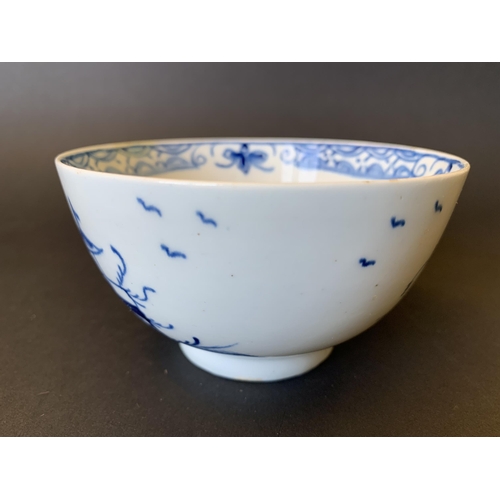 142 - Lowestoft porcelain blue and white slop bowl decorated with Pagoda and fence (minor restoration to r... 