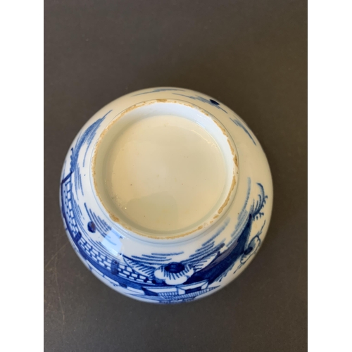 142 - Lowestoft porcelain blue and white slop bowl decorated with Pagoda and fence (minor restoration to r... 