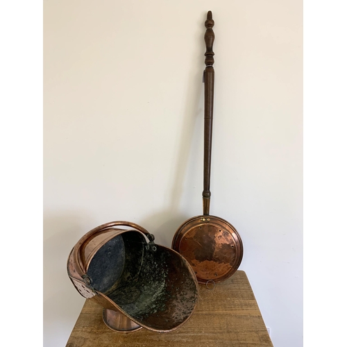 15 - A vintage copper coal scuttle plus a copper bed warming pan