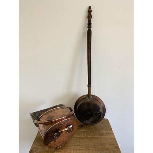 15 - A vintage copper coal scuttle plus a copper bed warming pan