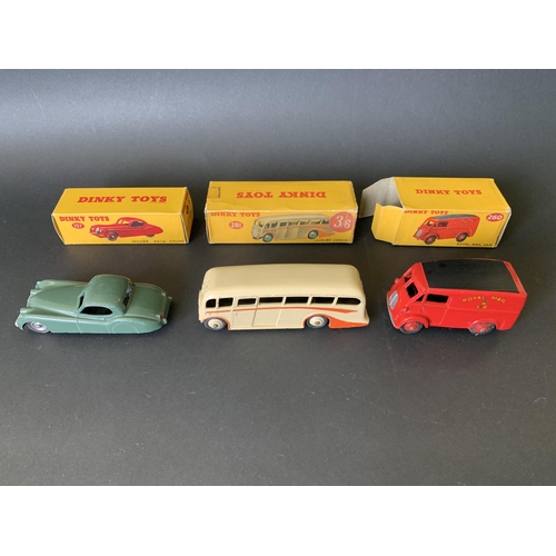 179 - Three boxed Dinky tin plate vehicles, No.260 Royal Mail van, 281 luxury coach and 157 Jaguar XK120 C... 