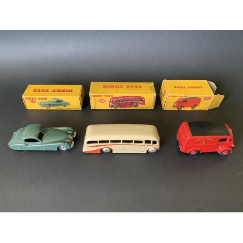 179 - Three boxed Dinky tin plate vehicles, No.260 Royal Mail van, 281 luxury coach and 157 Jaguar XK120 C... 