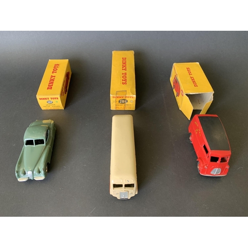 179 - Three boxed Dinky tin plate vehicles, No.260 Royal Mail van, 281 luxury coach and 157 Jaguar XK120 C... 