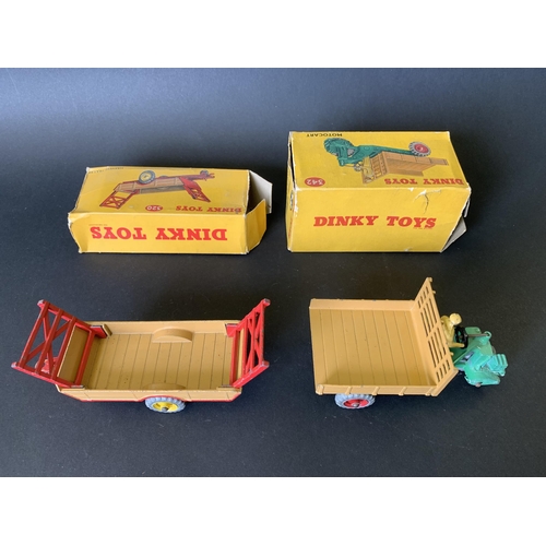 180 - Two boxed tin plate Dinky vehicles, 342 Motocarreta and 320 harvest trailer (mild playwear and boxes... 