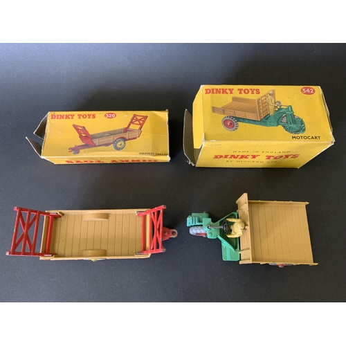 180 - Two boxed tin plate Dinky vehicles, 342 Motocarreta and 320 harvest trailer (mild playwear and boxes... 