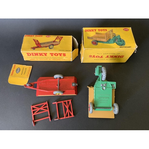 180 - Two boxed tin plate Dinky vehicles, 342 Motocarreta and 320 harvest trailer (mild playwear and boxes... 