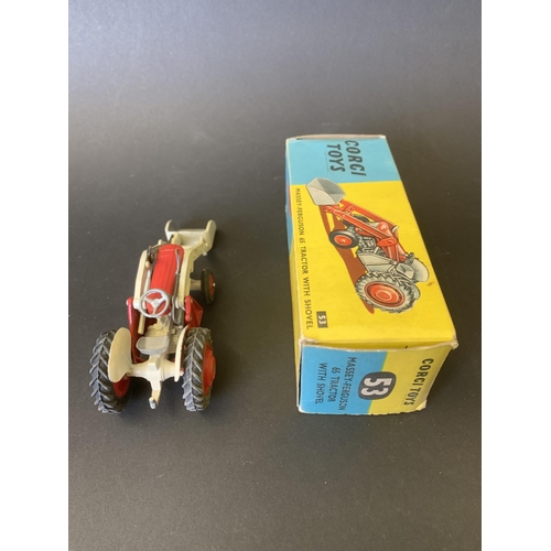 186 - A boxed Corgi Toys No.53 Massey-Ferguson 65 tractor with shovel (mild playwear and box with mild wea... 