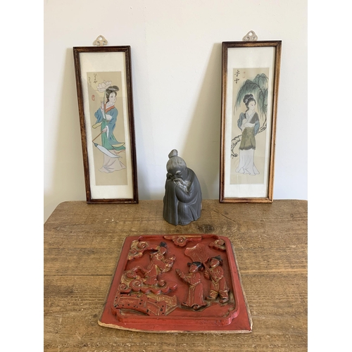 196 - Two Chinese hand painted small framed pictures plus an Oriental painted wood plaque and a Lladro Ori... 