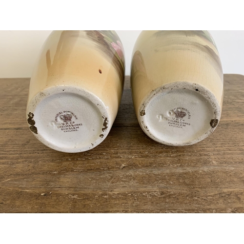 220 - A pair of antique 'Imperial Porcelain' V.P & Co Chelsea Works Burslem transfer print vases, approx. ... 