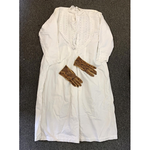 228 - A vintage cotton nightdress plus a pair of snakeskin leather gloves