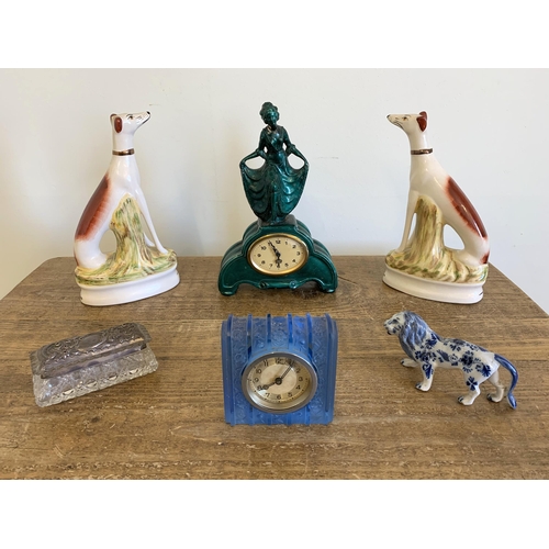 233 - A pair of modern Staffordshire dogs, a vintage malachite effect clock, hallmarked silver pot (holes ... 