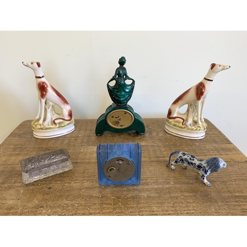 233 - A pair of modern Staffordshire dogs, a vintage malachite effect clock, hallmarked silver pot (holes ... 